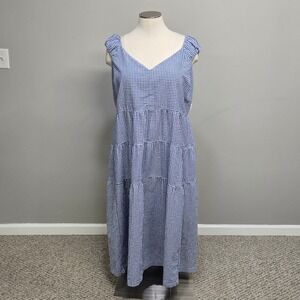 Old Navy Maxi Dress Plus Size 4X Blue Gingham Plaid Tiered Pockets Milkmaid Farm